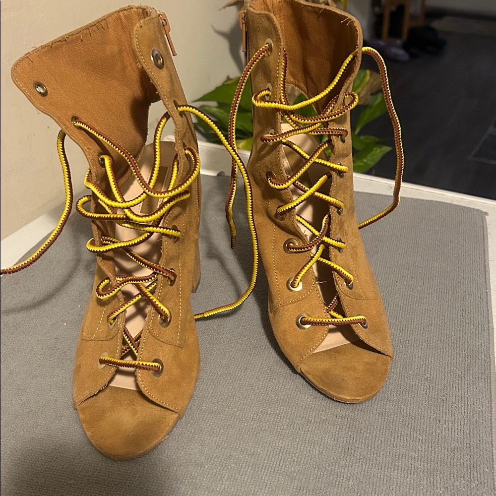 Forever 21 Tan Lace-Up Peep Toe Boots